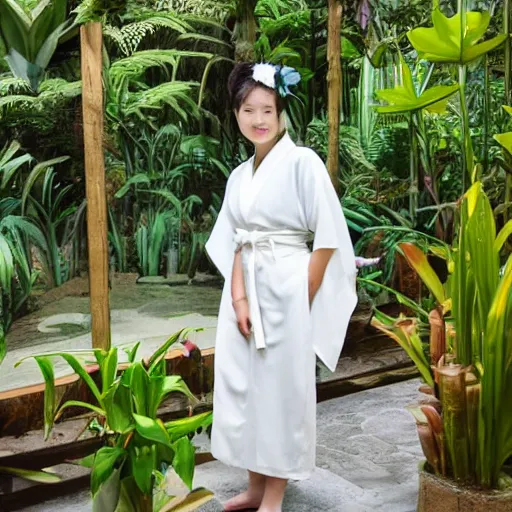 Prompt: a young beautiful woman wearing a white kimono in a tropical greenhouse, photo