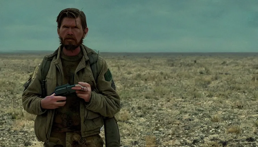 Image similar to lone survivor man holding a radio!! in post - apocalyptic nature landscape. movie screenshot. lush composition by wes anderson, shallow depth of field, cinematic. cinematic composition