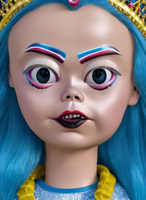 Image similar to closeup face profile portrait of a tin toy greta thunberg as the bride of chucky as a fairytale princess wearing a crown, bikini, depth of field, zeiss lens, detailed, fashion photoshoot, by nicoletta ceccoli, mark ryden, lostfish, breathtaking, 8 k resolution, extremely detailed, beautiful, establishing shot, artistic, hyperrealistic, octane render