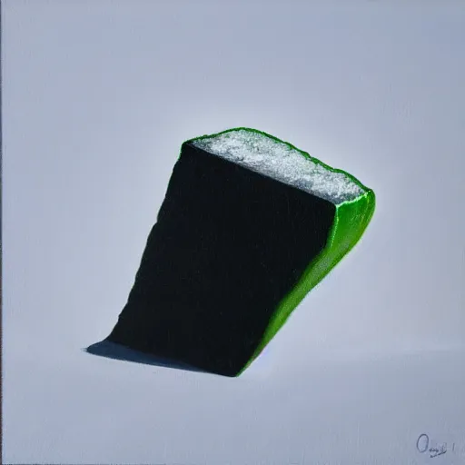 Prompt: realistic painting of an ice cube beginning to melt next to a lime wedge, black background