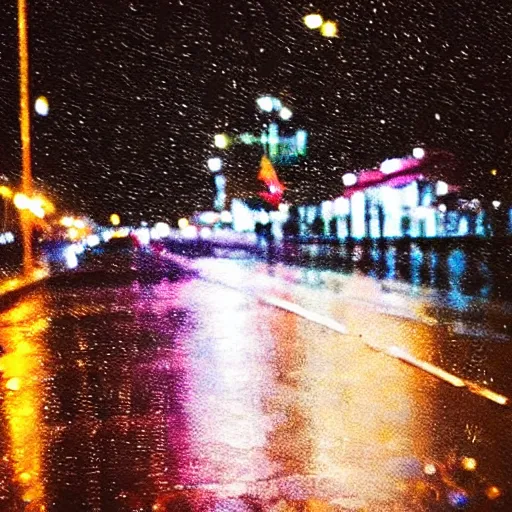 Prompt: zoomed in iphone photo rainy night in the city, reflections, astronaut