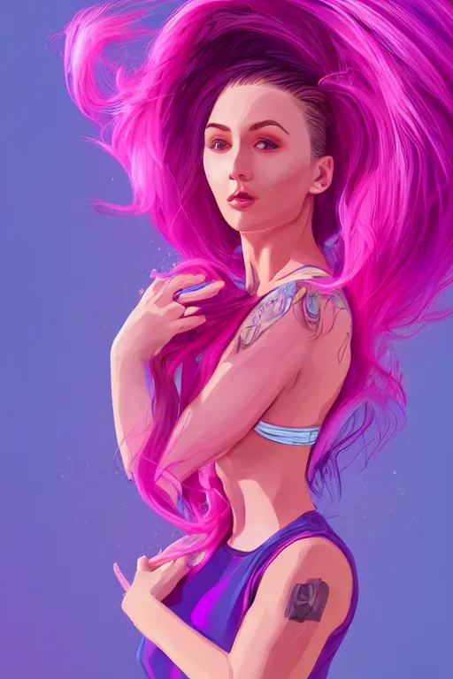 Image similar to a award winning half body porttrait of a beautiful woman in a croptop with ombre purple pink teal hairstyle with head in motion and hair flying, outrun, vaporware, shaded illustration, digital art, trending on artstation, highly detailed, fine detail, intricate