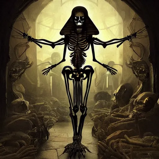 Image similar to “a grinning skeleton who has come to life, egyptian motifs, spooky scary skeleton come to life, D&D, fantasy, intricate, cinematic lighting, highly detailed, digital painting, artstation, concept art, smooth, sharp focus, illustration, art by Artgerm and Greg Rutkowski and Alphonse Mucha”