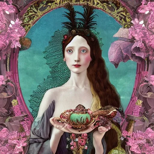 Image similar to a detailed intricate portrait of young woman in renaissance dress and a surreal renaissance headdress, very surreal garden, cyberpunk, filigree, surreal tea party, birds, nature, strange creatures, by christian schloe and botticelli, naotto hattori, amy sol, roger dean, moody colors