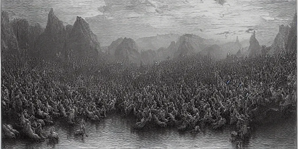 Prompt: angry geese guarding the gates of hell, art by gustave dore