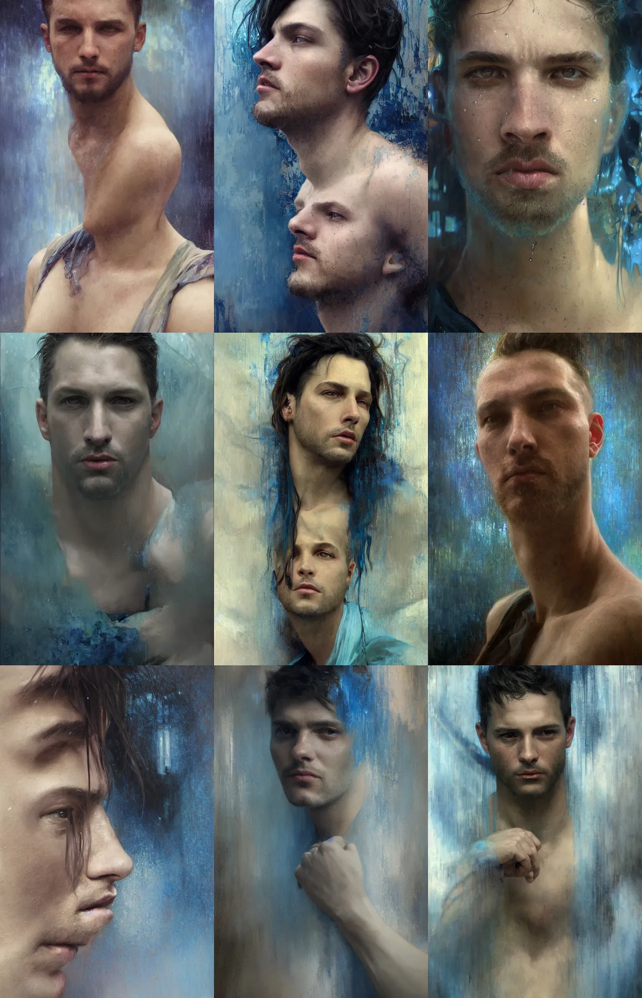 Prompt: hyperrealist portrait in a blue rains by jeremy mann and alphonse mucha, fantasy, photorealistic, octane render, unreal engine, dynamic lighting, bet face, handsome man, beautiful, wlop, cute, perfect factions, perfect man, trending on artstation, poster, volumetric lighting, very detailed faces, 4 k, award winning