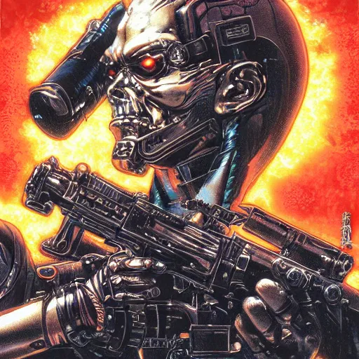 Image similar to portrait closeup of crazy terminator firing guns, symmetrical, cinematic colors, by yoichi hatakenaka, masamune shirow, josan gonzales and dan mumford, ayami kojima, takato yamamoto, barclay shaw, karol bak, yukito kishiro