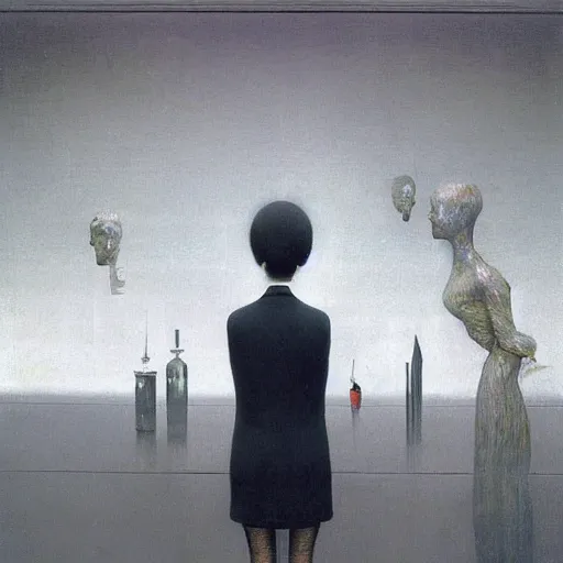 Prompt: a businesswoman with a tv monitor for a head, surrounded by calendars, beksinski, wayne barlowe