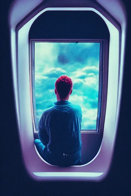 Image similar to agfa vista 4 0 0 photograph of a guy in a spaceship looking out a window at earth, back view, synth vibe, vaporwave colors, lens flare, moody lighting, moody vibe, telephoto, 9 0 s vibe, blurry background, grain, tranquil, calm, faded!,