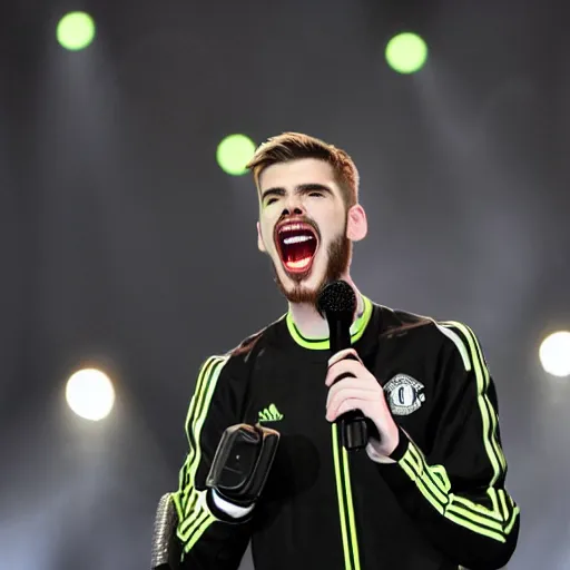 Image similar to david de gea singing pop with a microphone, indoor