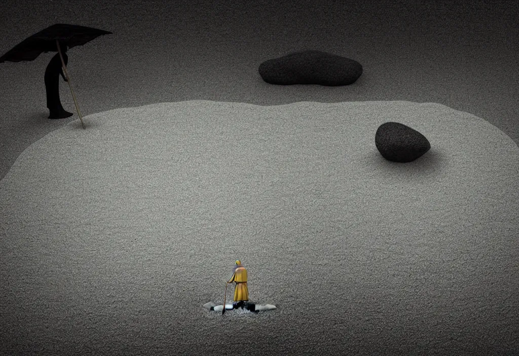 Image similar to portrait of a lone man monk raking stones in a zen garden kyoto, japan, a collage painting, in the style of wes anderson, lola dupre, david hockney, isolated on negative white space background dark monochrome fluorescent neon spraypaint accents volumetric octane render