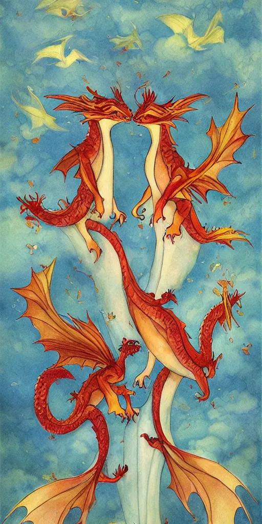 Prompt: greeting card, love, 2 beautiful dragons, by tran nguyen, warm colors, cozy