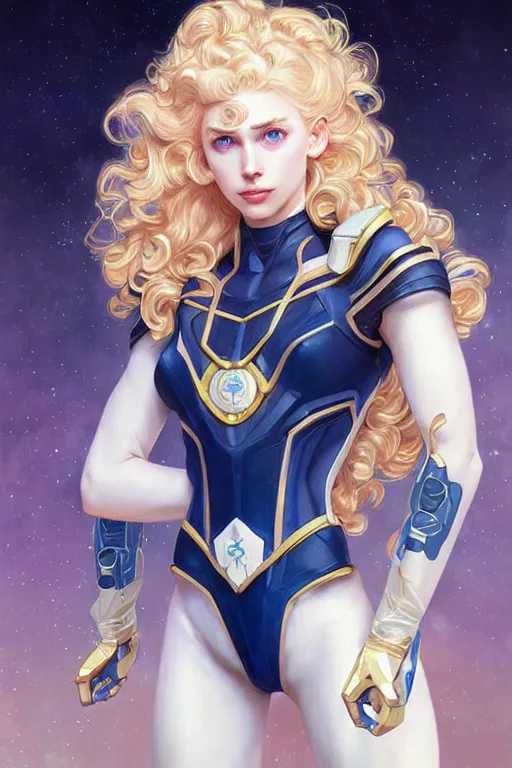 Image similar to genetically augmented super soldier Sailor Moon as a male, pale skin curly blond hair, fantasy, intricate, elegant, highly detailed, digital painting, artstation, concept art, matte, sharp focus, illustration, art by Artgerm and Greg Rutkowski and Alphonse Mucha