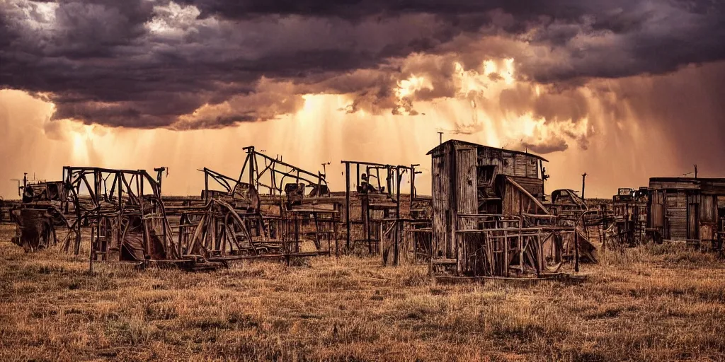 Image similar to photo of a stormy west texas sunset, perfect rustic ( ( pumpjack ) ), abandoned train, horses, cows, high resolution lightning, golden hour, high detail, beautiful!!!