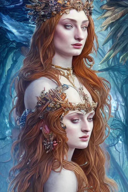 Prompt: Sophie Turner as a Goddess, cute, fantasy, intricate, elegant, highly detailed, digital painting, 4k, HDR, concept art, smooth, sharp focus, illustration, art by artgerm and H R Giger and alphonse mucha