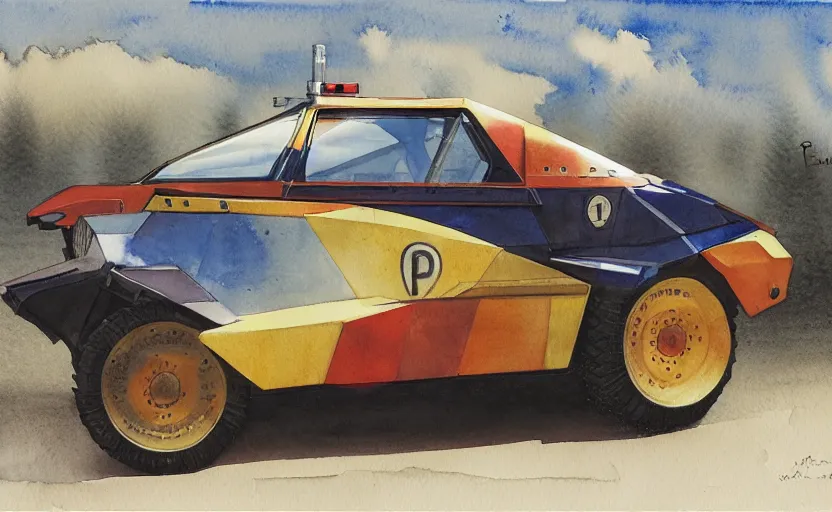 Prompt: patrol car, colorful watercolor. by rembrant, battle angel alita, ralph mcquarrie, aluminum, 1 6 6 7