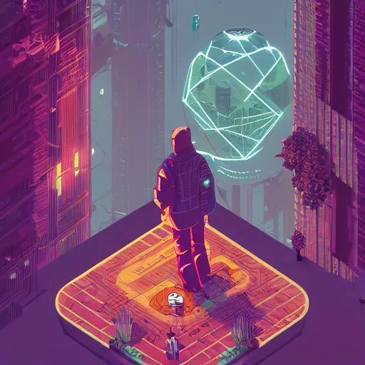 Prompt: Stunning isometric illustration of single cyberpunk explorer overlooking lush forest , highly detailed, midnight, small glowing orbs by Victo Ngai and James Gilleard , Moebius, Laurie Greasley