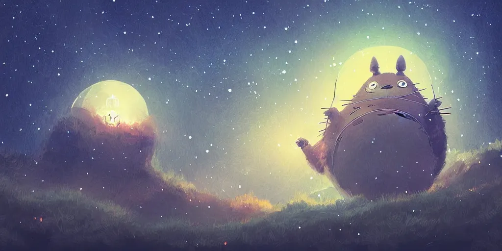 Image similar to glowing wireframe totoro, mountain landscape, night sky, digital art, digital painting, celestial, majestic, colorful