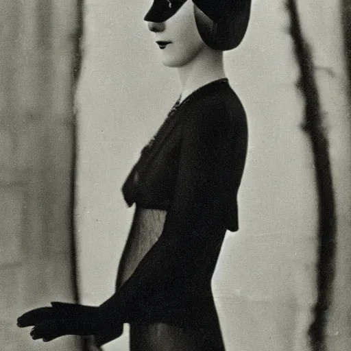 Image similar to photograph of a woman wearing weimar berlin fashion, 1 9 2 0's, looking at the camera, aesthetic, elaborate, intricate, highly detailed, detailed face, photorealism, smooth, sharp focus, rim light, art by man ray,