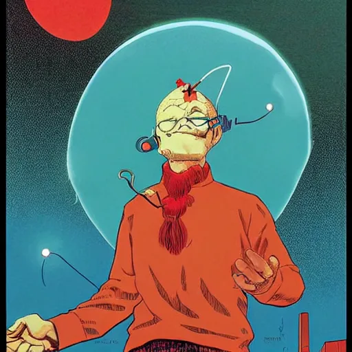 Image similar to psychic guy emitting psychic powers, by jamie hewlett, by artgerm, by moebius, by geof darrow,