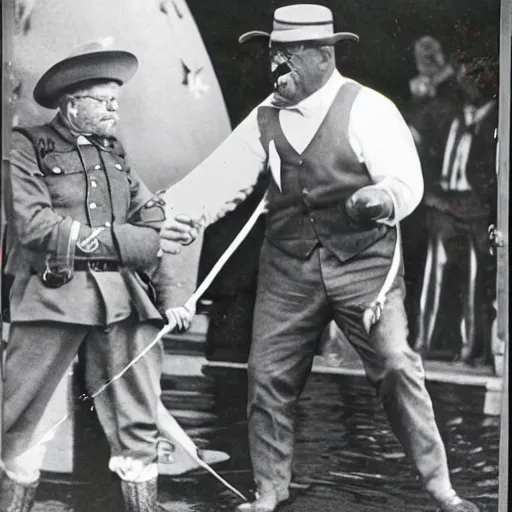 Image similar to teddy Roosevelt punching a shark at the county fair