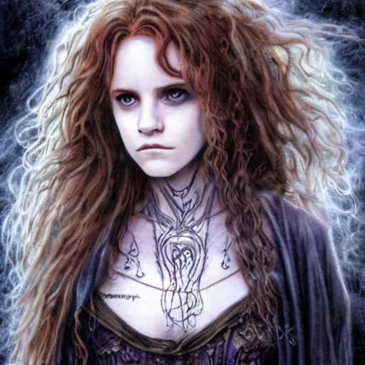 Prompt: dressed Hermione in tattoos conjuring with a magic wand, by luis royo, beautiful gown, beautiful eyes, Beautiful face, by Aggi Erguna, high detail, high resolution, art from harry potter