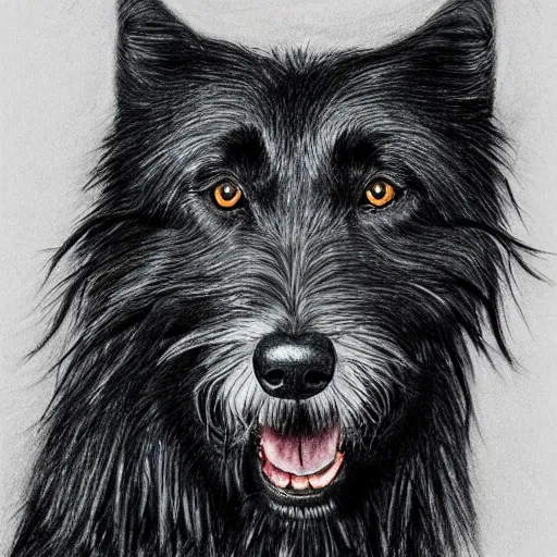 Image similar to highly detailed drawing of a black wolfhound, ferocious, ultra realistic