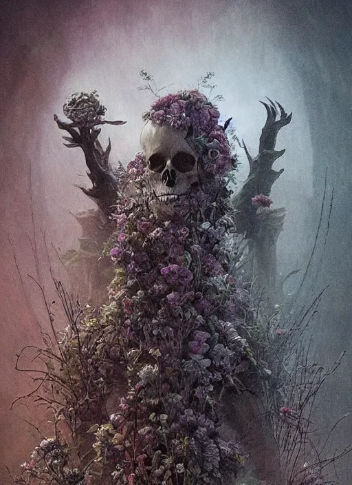 Prompt: skull surrounded by flowers and cobwebs, fog, cinematic shot, denis villeneuve movie still, wayne barlowe, detailed, very coherent, vintage, emil melmoth, fine art,