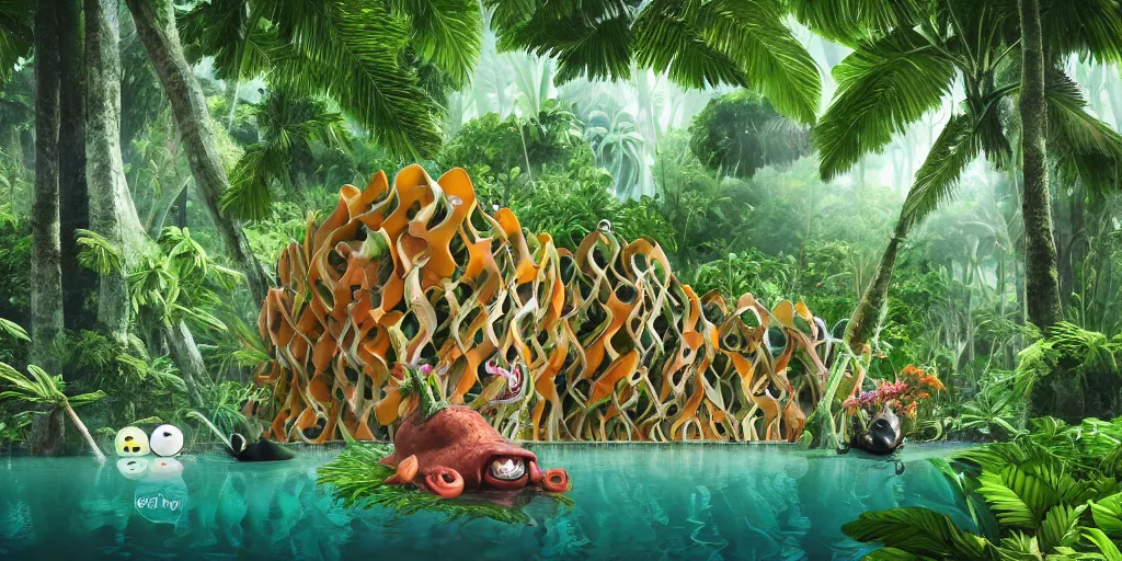 Image similar to of a tropical rainforest lake with strange cute friendly happy creatures with huge eyes, mouth, long tongue, round teeth and goofy face, appearing from the trees, in the style of gehry and gaudi, macro lens, shallow depth of field, ultra detailed, digital painting, trending artstation, concept art, illustration, cinematic lighting, photorealism, epic, octane render