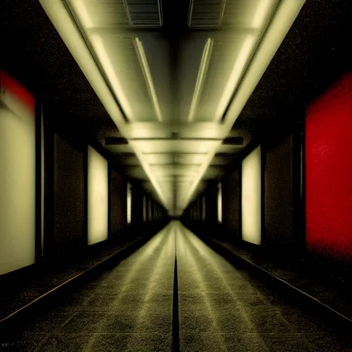 Image similar to photograph of an extremely dark narrow hallway with glowing humanoid cryptid made out of television static, dark deep black shadows, red and black color contrast in the style of trevor henderson, liminal space, 3 d octane render, glitch effect