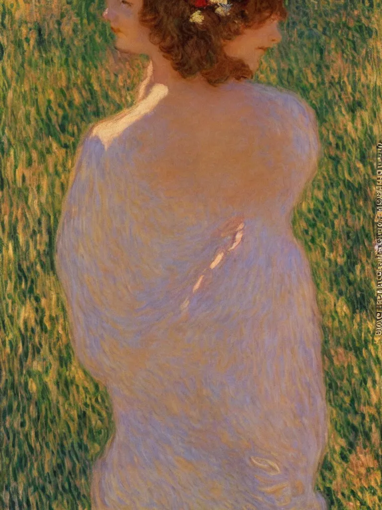 Prompt: a beautiful young girl dressed in 1 9 2 0 s fashion, brown hair, slim, fair, turning her head and smiling, in the sun, out of focus, backlit, close up, oil on canvas, by monet, in the style of le promenade
