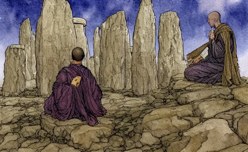 Image similar to a realistic and atmospheric watercolor fantasy concept art of giant monk in grey robes sitting in stonehenge. in the foreground a small female medieval monk in grey robes is kneeling with her hands by her sides. by rebecca guay, michael kaluta, charles vess