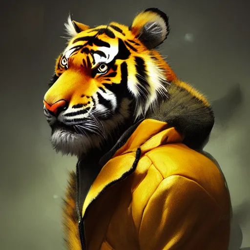 Prompt: commission portrait of a male anthro tiger wearing a black and yellow padded puffed up jacket.dramatic,character design by charles bowater,greg rutkowski,ross tran,hyperdetailed,hyperrealistic,4k,deviantart,artstation,professional photography,concept art