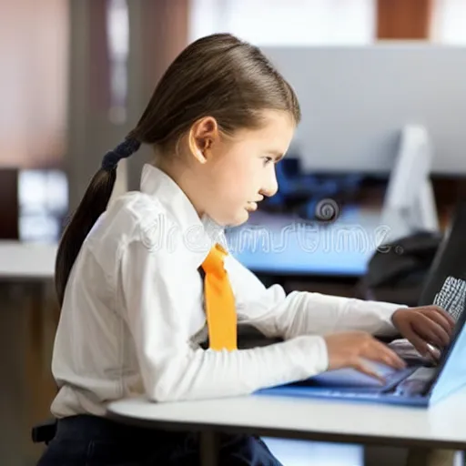 Prompt: school kid sitting at a computer desk, hacking, stock photo