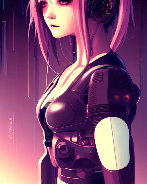 Image similar to a comic potrait of a cyberpunk cyborg girl with big and cute eyes, fine - face, realistic shaded perfect face, fine details. night setting. very anime style. realistic shaded lighting poster by ilya kuvshinov katsuhiro, magali villeneuve, artgerm, jeremy lipkin and michael garmash, rob rey and kentaro miura style, trending on art station