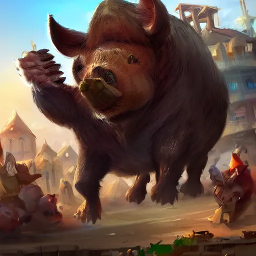 Image similar to giant boar with a happy face, destroying a town while bystanders watch, 4k, detailed, illustration, artstation - Porforever, by porforever,