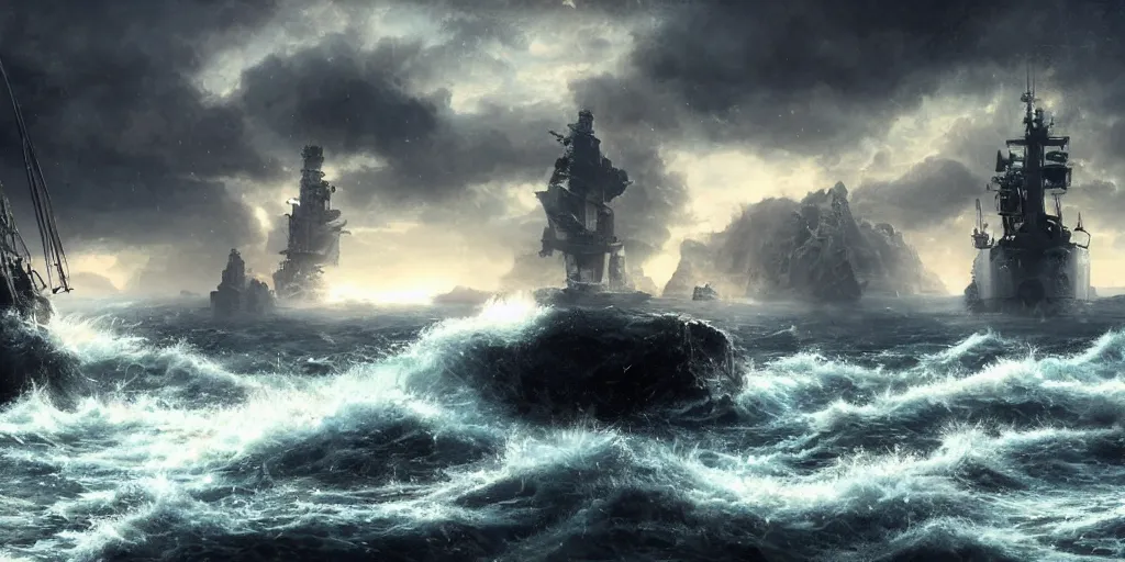 Image similar to scifi barge in turbulent waters in rocky coast, hyper realistic, highly detailed, digital art, apocalyptic, intimidating lighting, raytracing, sharp focus, smooth, romanticism