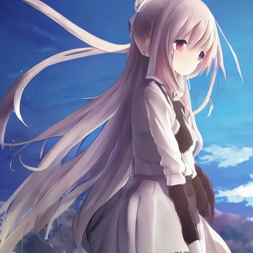 Image similar to anime, full body, arknights girl standing in the top of hill