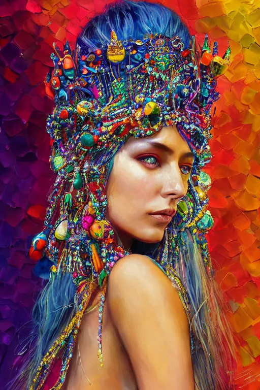 Prompt: a colorful psychedelic illustration of a fashion model wearing an alexander mcqueen beaded crown with beads hanging over her eyes, by magali villeneuve, artgerm, jeremy lipkin and michael garmash, rob rey and kentaro miura style, trending on art station