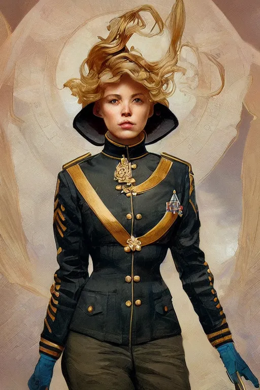 Prompt: beautiful portrait of a female officer wearing a fancy naval uniform, art by artgerm, wlop, greg rutkowski, alphonse mucha, science fiction, intricate detail, blonde hair, space background, trending on artstation, sharp focus, illustration, caustics, octane render, radiant light, 4 k