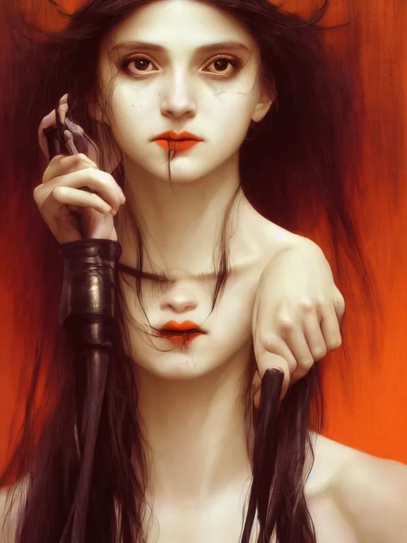 Image similar to Full shot of a mischievous young witch about to get up to some trouble. Latin American fashion. Black and Orange palette. Latina girl. brown skin. defined facial features, symmetrical facial features. By Ruan Jia and Artgerm and Range Murata and WLOP and Ross Tran and William-Adolphe Bouguereau. Key Art. Fantasy Illustration. award winning, Artstation, intricate details, realistic, Hyperdetailed, 8k resolution.