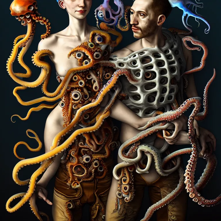 Image similar to cyborg couple wearing exoskeleton, holding a squid, octopus, sea in the background, beautiful baroque portrait painting, psychedelic, trippy, hallucination, dream, beautiful detailed intricate insanely detailed octane render trending on Artstation, 8K artistic photography, photorealistic, chiaroscuro, Raphael, Caravaggio