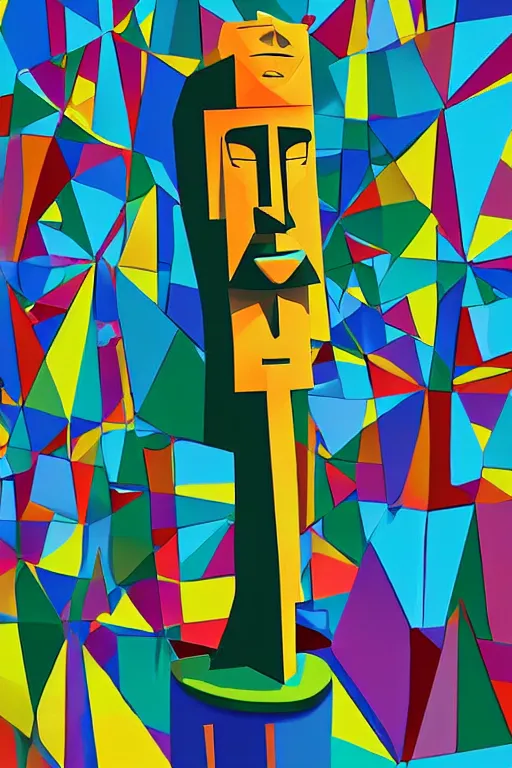 Image similar to cubist moai statue cutout digital illustration cartoon colorful beeple