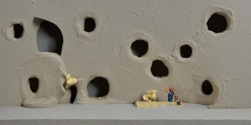 Prompt: plasticine sculpture stop motion. john craxton. salvador dali clay models. visitors. gallery painting of flower. water floor. room with a hole in wall. high detail. photorealistic