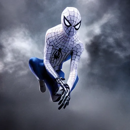 Prompt: white spider - man suit with black web lining, cinematic, volumetric lighting, realistic, hyperdetailed, photorealistic, photograph