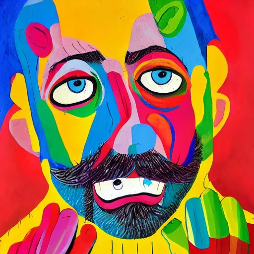 Image similar to colorful abstract painting of maniac bald man with brown beard stretching face with hands