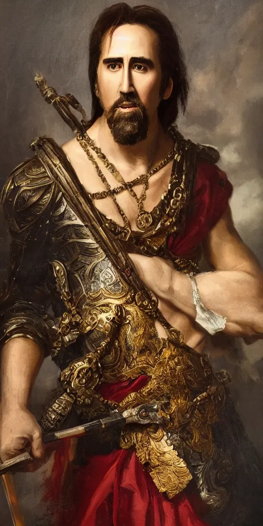 Image similar to Romantic-period style portrait of Nicholas Cage playing Alexander the Great, trending on artstation, oil painting masterpiece, symmetry, fractals, Greek iconography