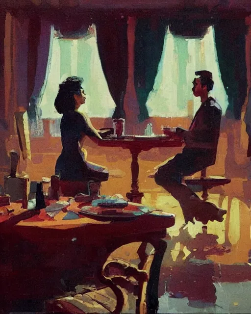 Prompt: a man and a woman sitting at a table, a screenshot roman muradov and paul lehr and dan mumford, trending on pinterest, barbizon school, movie still, hall of mirrors, filmic