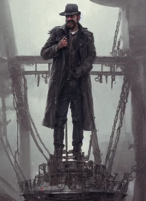 Prompt: portrait of a rugged man wearing a trenchcoat standing on the deck of a ship, victorian, concept art, detailed face, fantasy, highly detailed, cinematic lighting, digital art painting by greg rutkowski