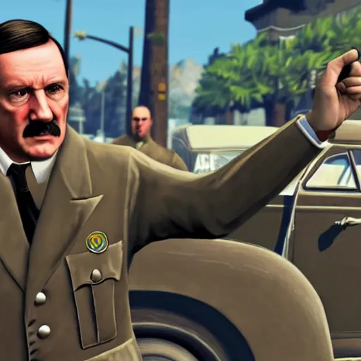 Image similar to adolf hitler on GTA V cover, rockstar games, no text,